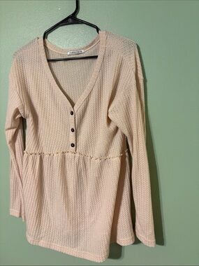 Pinkish Cream Waffle Knit V-Neck Long Sleeve Top by